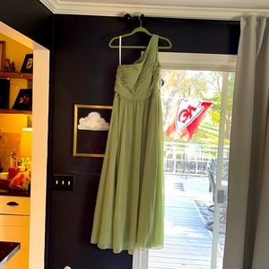 Athena one shoulder, sage green bridesmaid dress.